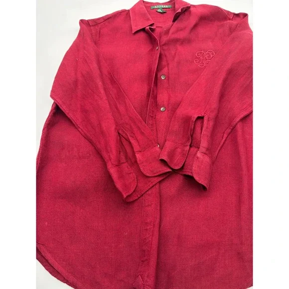 Lauren Ralph Lauren Women's SMALL 100% Linen Red Button Shirt Embroidered Logo - Picture 4 of 10